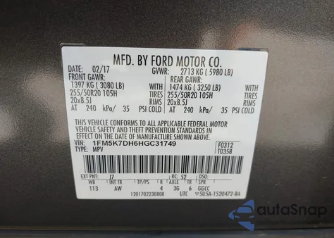 2017 Ford Explorer Xlt из США, поврежденный, VIN 1FM5K7DH6HGC31749